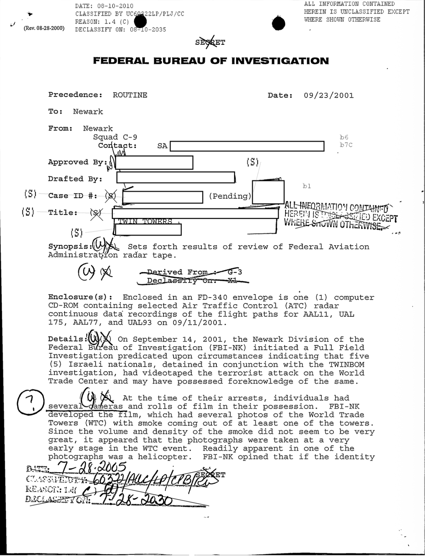 FBI SECRET document about Federal Aviation Administration radar tape review - Twin Towers investigation