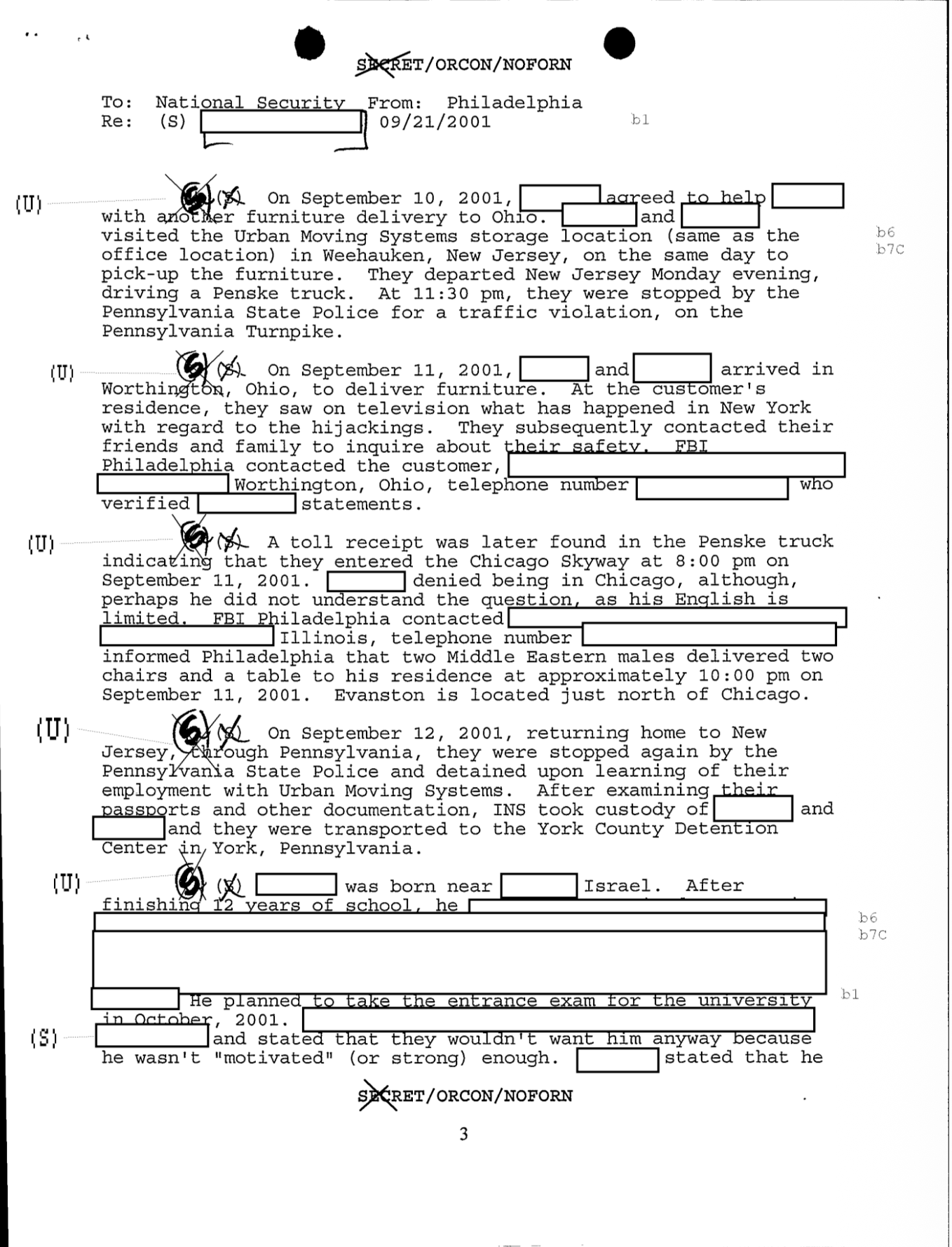 FBI SECRET/ORCON/NOFORN document from Philadelphia about Urban Moving Systems employees and detention